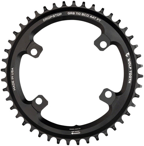 Wolf Tooth Shimano 110 Asymmetric BCD Chainring - 44t, 110 Asymmetric BCD, 4-Bolt, Drop-Stop Flattop, For Shimano GRX Cranks, Black