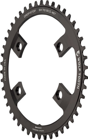 Wolf Tooth Shimano 110 Asymmetric BCD Chainring - 46t, 110 Asymmetric BCD, 4-Bolt, Drop-Stop, For Shimano Cranks, Black