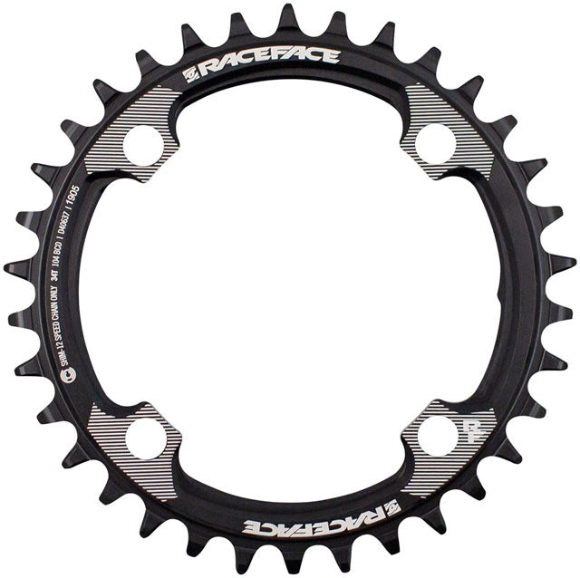 RaceFace 1x 104 BCD Hyperglide+ Chainring - 34t, 104 BCD, 4-Bolt, Requires Shimano 12-speed Hyperglide+ Chain, 7075 Aluminum, Black