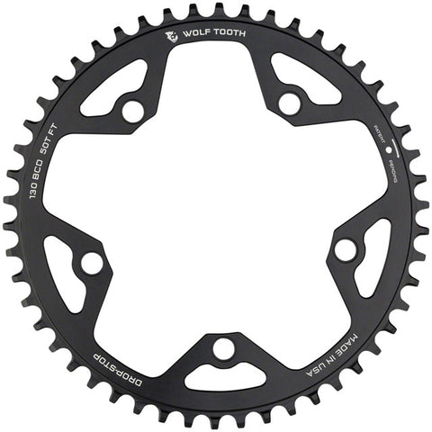 Wolf Tooth 130 BCD Road and Cyclocross Chainring - 50t, 130 BCD, 5-Bolt, Drop-Stop, 10/11/12-Speed Eagle and Flattop Compatible, Black